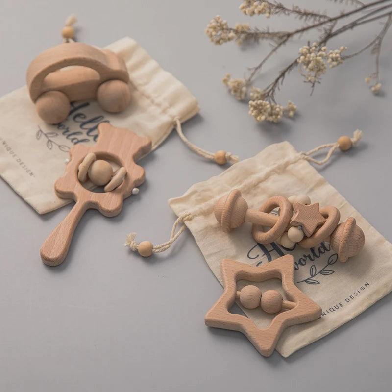 Hochets en bois naturel Montessori pour bébés