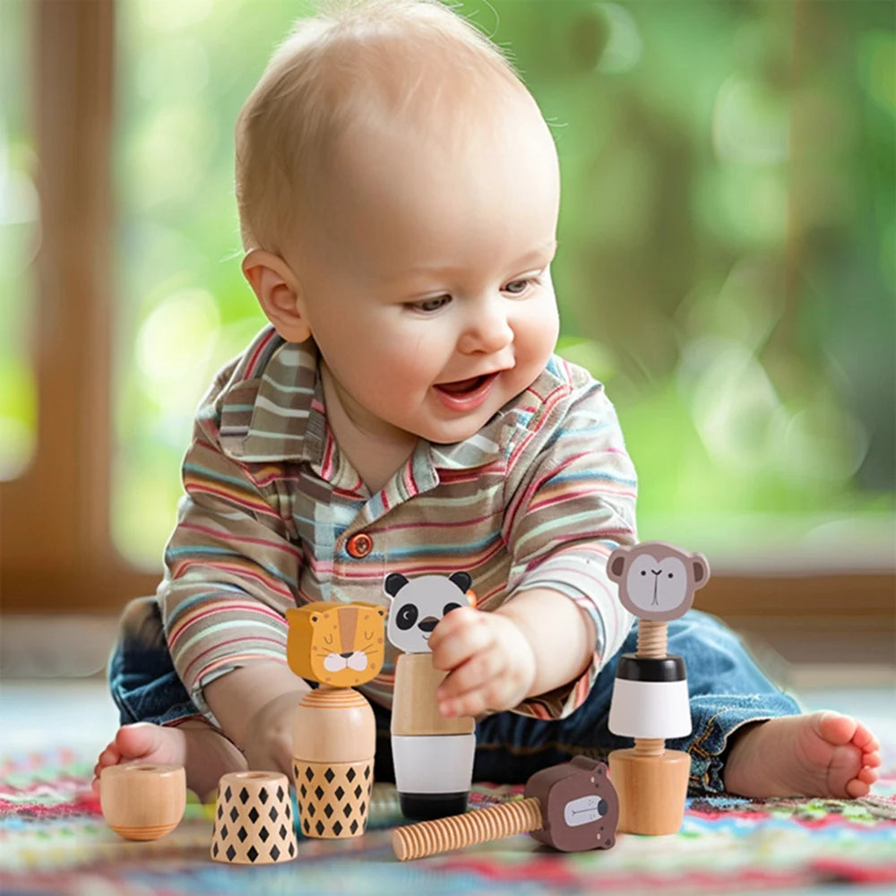 Baby Wooden Montessori Toys Wooden Animal Screw Montage Hand-on Ability Blocks Toys Beech Wooden Puzzle Educational Toy Gift